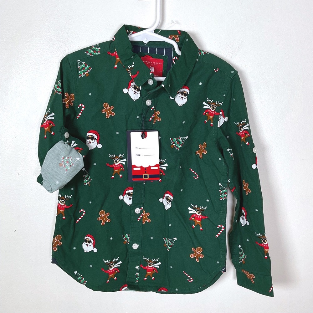Denim & Flower Boys Green Christmas Print Button Up Shirt Size 4/5 NWT